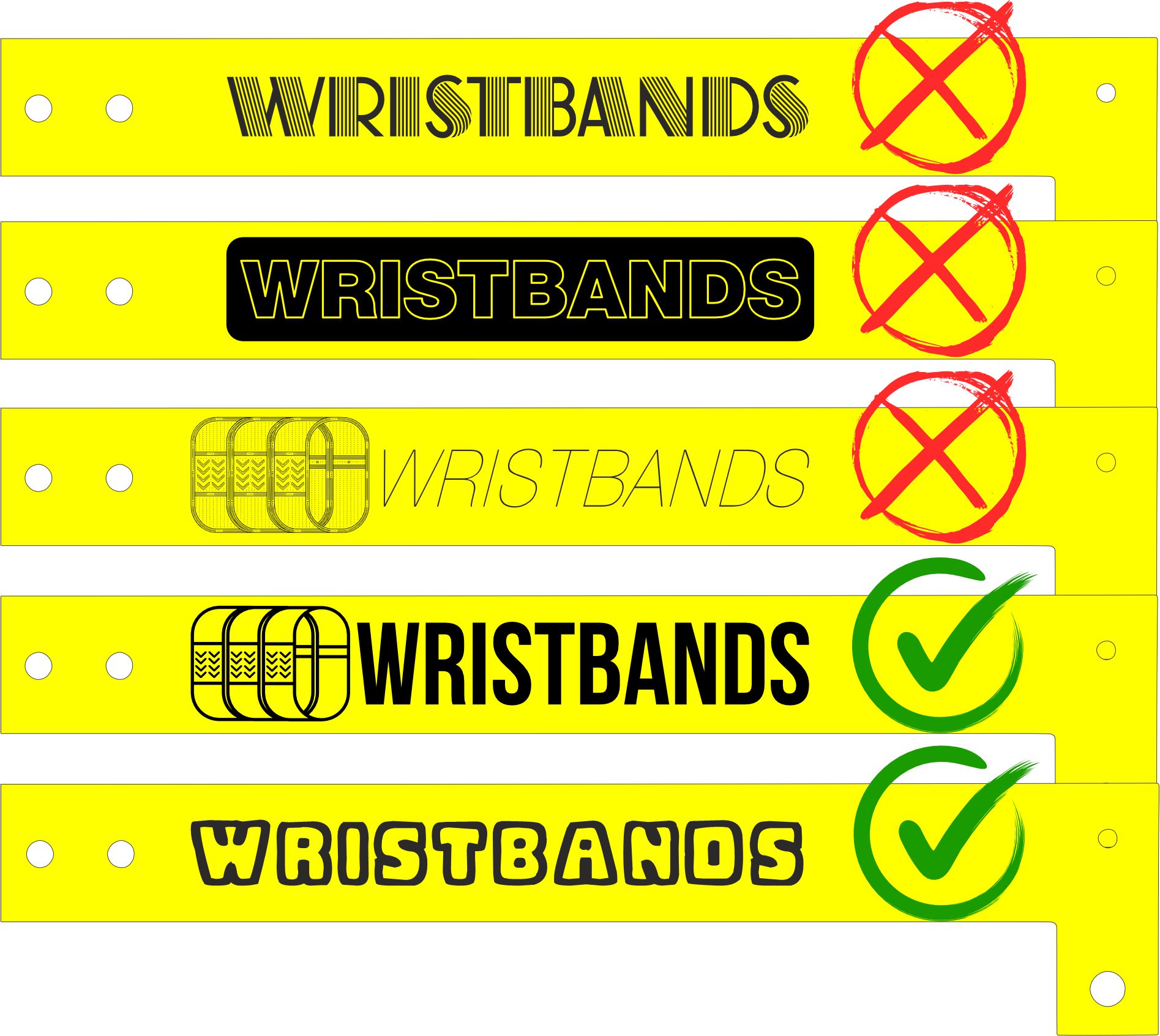 Fünf Vinyl-Armbänder: drei abgelehnte Designs aus Haarlinien, Umrandungen und feinen Details, zwei angenommene Designs aus geschlossenen Flächen